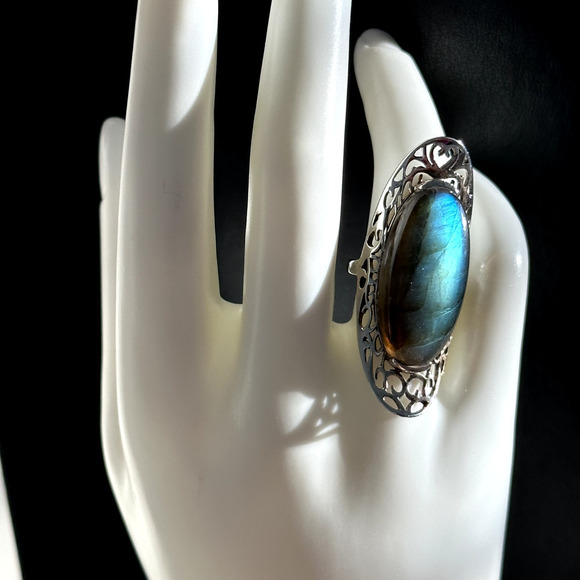 925 Sterling Silver Vintage HUGE Tall Labradorite Large Gemstone Ring Size 6.75 - Picture 3 of 14